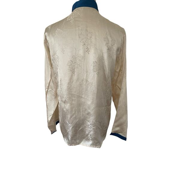 Vtg 50s Chinese Satin Embroidered Lounge Set Jacket & Pants Floral Frog Button - Picture 5 of 16